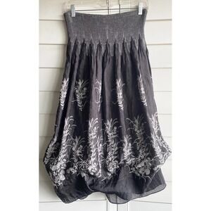Lapis Lagenlook Bubble Hem Skirt Boho Embroidered Smocked Waist OS Goth Grunge